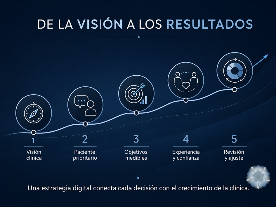Infografía del recorrido estratégico que conecta la visión de una clínica estética con el conocimiento del paciente, los objetivos medibles, la experiencia digital y la mejora continua