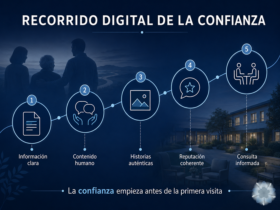 Infografía del recorrido digital de confianza de una clínica geriátrica desde la información clara hasta la consulta o visita presencial