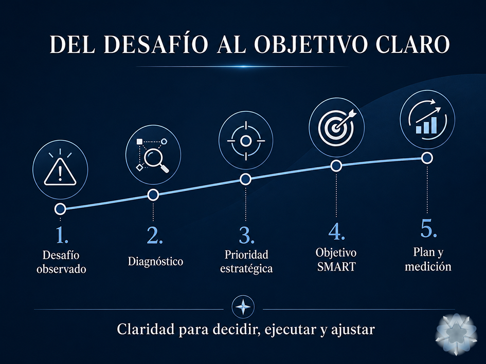 Infografía del proceso para transformar desafíos empresariales en objetivos digitales claros, medibles y revisables.