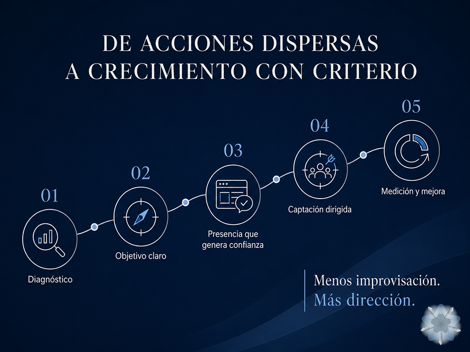 Infografía del recorrido estratégico de marketing digital para pequeñas empresas desde el diagnóstico hasta la medición y mejora