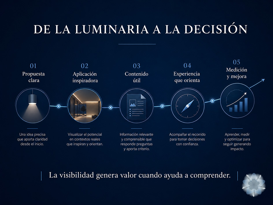 Infografía sobre el recorrido estratégico que conecta la propuesta de una empresa de iluminación con la decisión digital del cliente