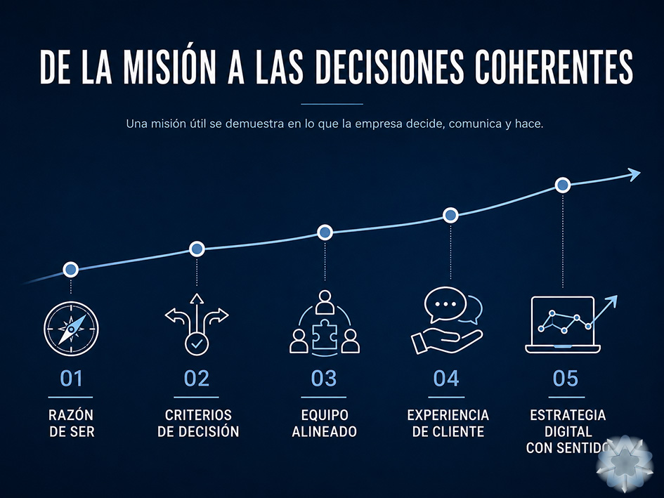 Infografía sobre cómo una misión empresarial se convierte en decisiones coherentes, cultura de equipo, experiencia de cliente y estrategia digital