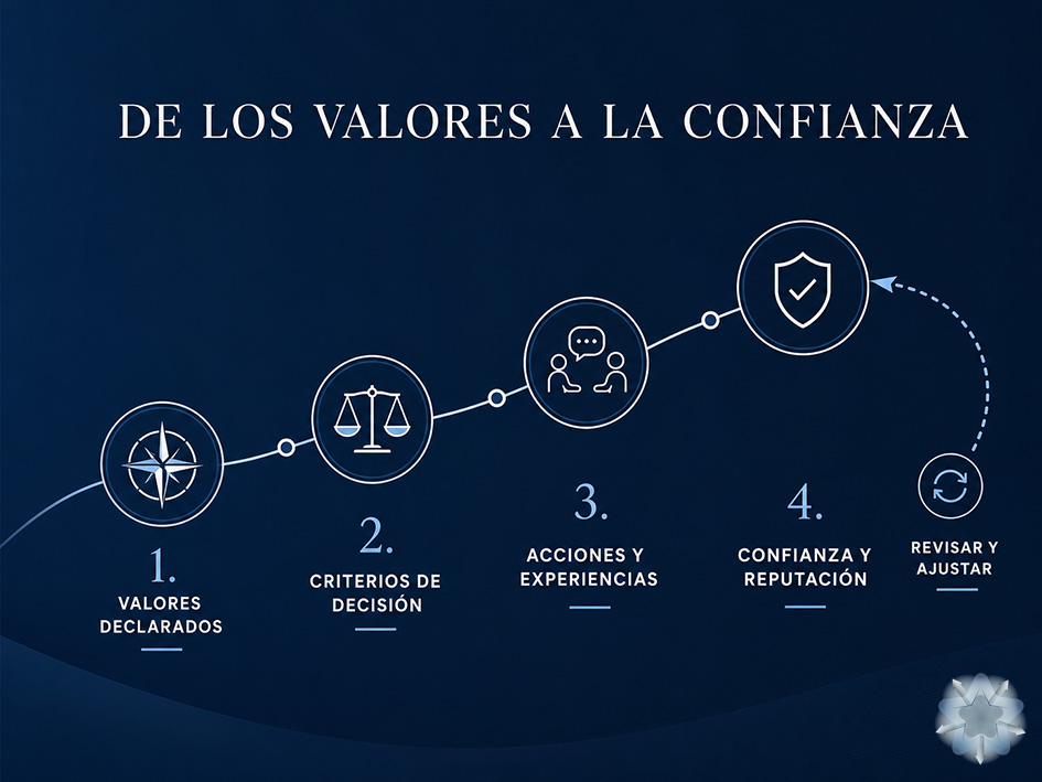 Infografía del recorrido que conecta los valores corporativos con decisiones, comportamientos y confianza de marca