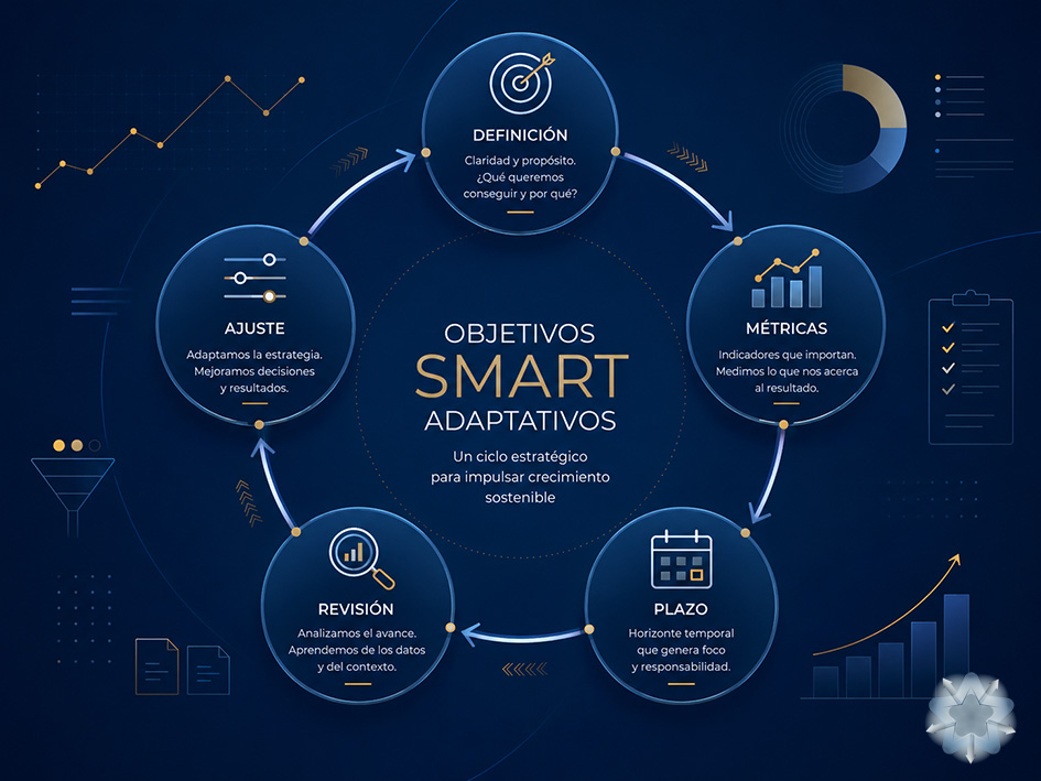 Infografía sobre el proceso de objetivos SMART adaptativos en marketing digital