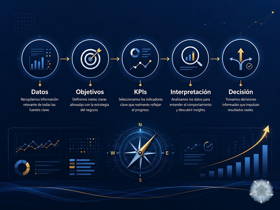 Infografía sobre cómo transformar datos de marketing digital en decisiones empresariales mediante KPIs relevantes, trazables y accionables