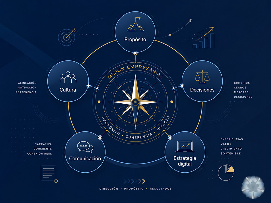 Infografía sobre cómo la misión empresarial conecta propósito, decisiones, cultura, comunicación y estrategia digital