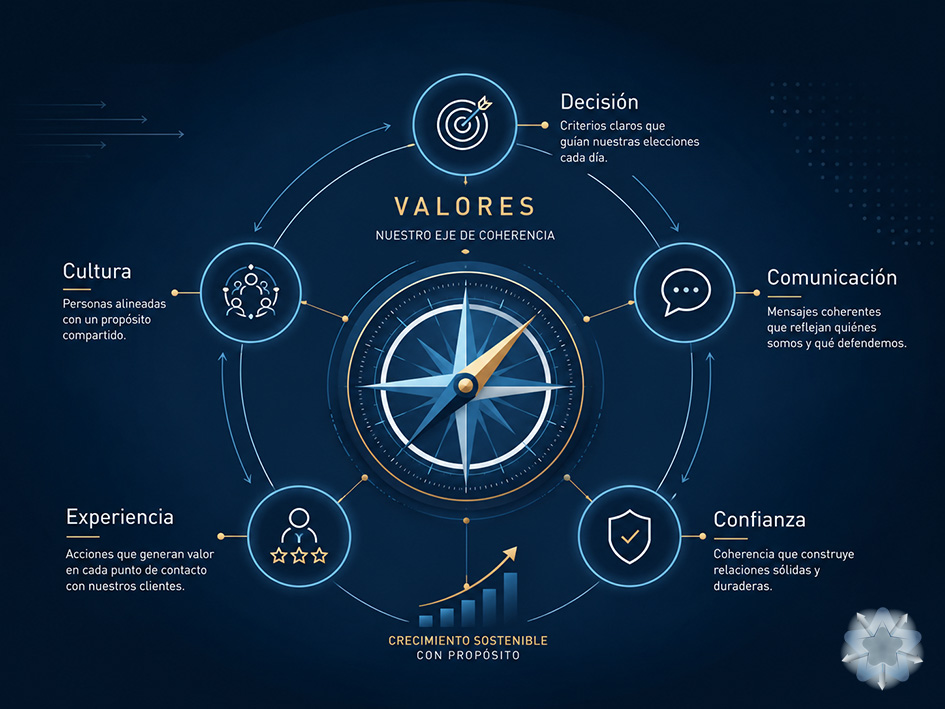 Infografía sobre cómo los valores empresariales se convierten en criterios de decisión dentro de la estrategia digital