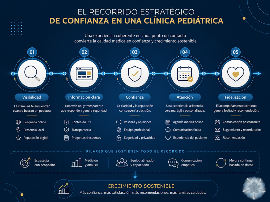 Infografía sobre el recorrido digital de confianza en una clínica pediátrica desde la visibilidad hasta la fidelización