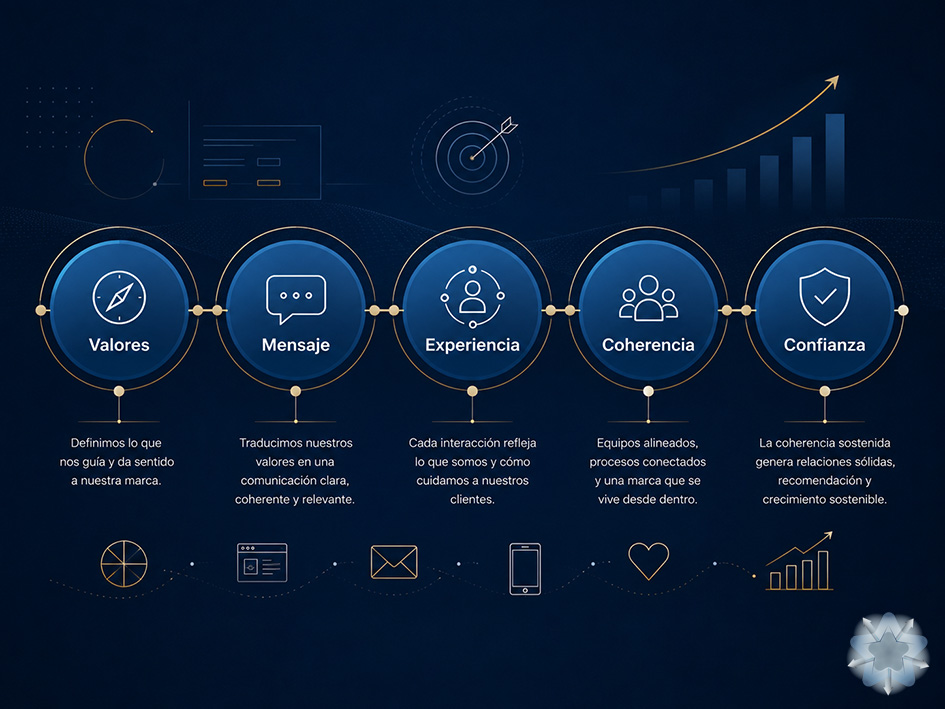Proceso de alineación entre valores de marca, comunicación digital, experiencia de cliente, coherencia y confianza