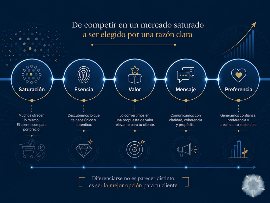 Infografía sobre el proceso estratégico de diferenciación de marca en un mercado saturado