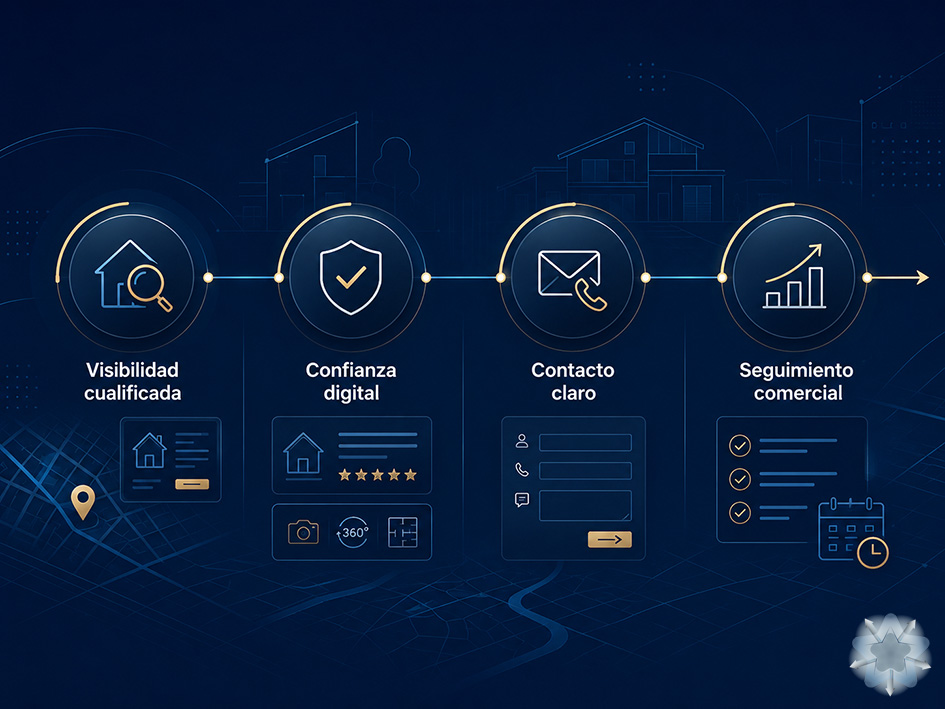 Infografía sobre el recorrido estratégico de una inmobiliaria desde la visibilidad digital hasta la oportunidad comercial cualificada