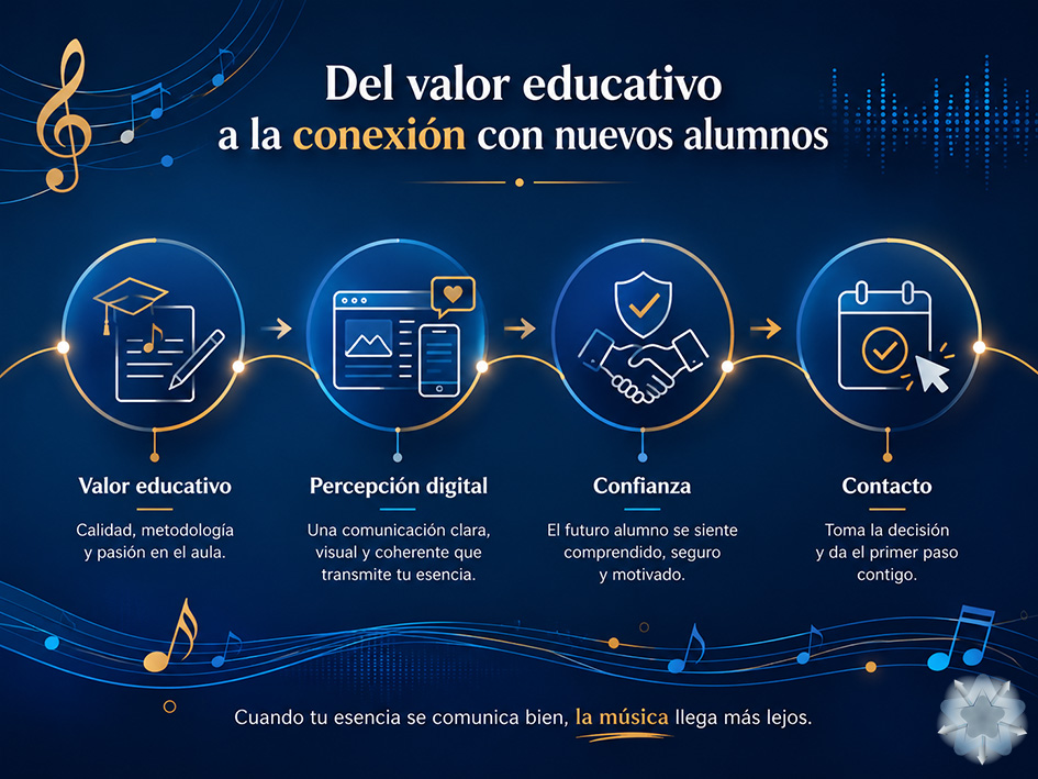 Infografía sobre el recorrido digital de una academia de música desde su valor educativo hasta la decisión de contacto del futuro alumno