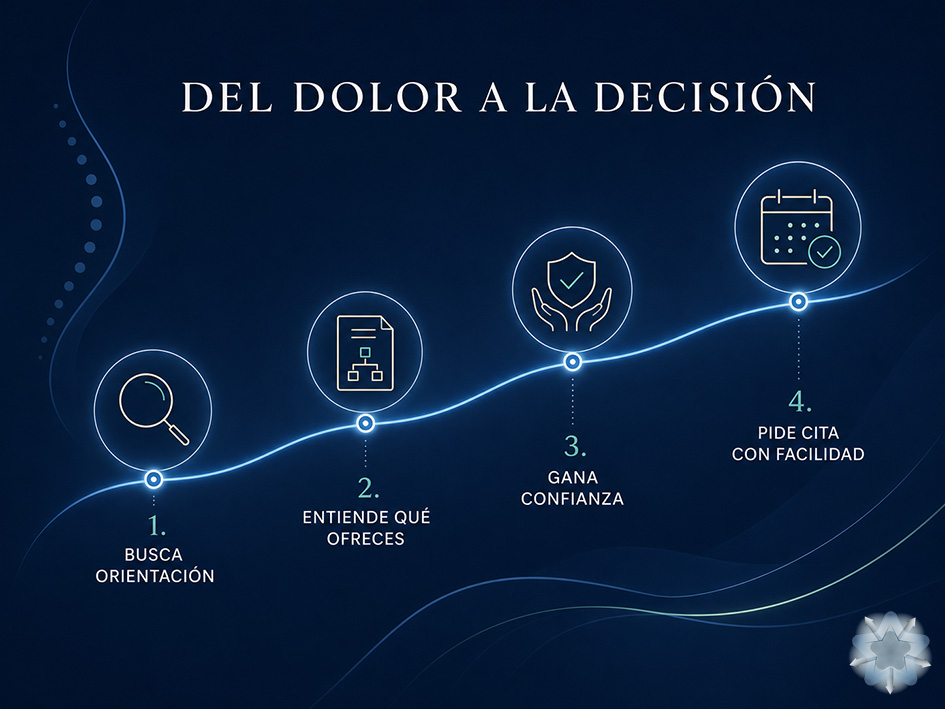 Infografía del recorrido digital de un paciente de osteopatía desde la búsqueda de orientación hasta la solicitud de cita