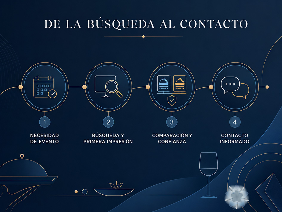 Infografía del recorrido digital de un cliente de catering desde la búsqueda de un evento hasta el contacto con una empresa que transmite claridad y confianza