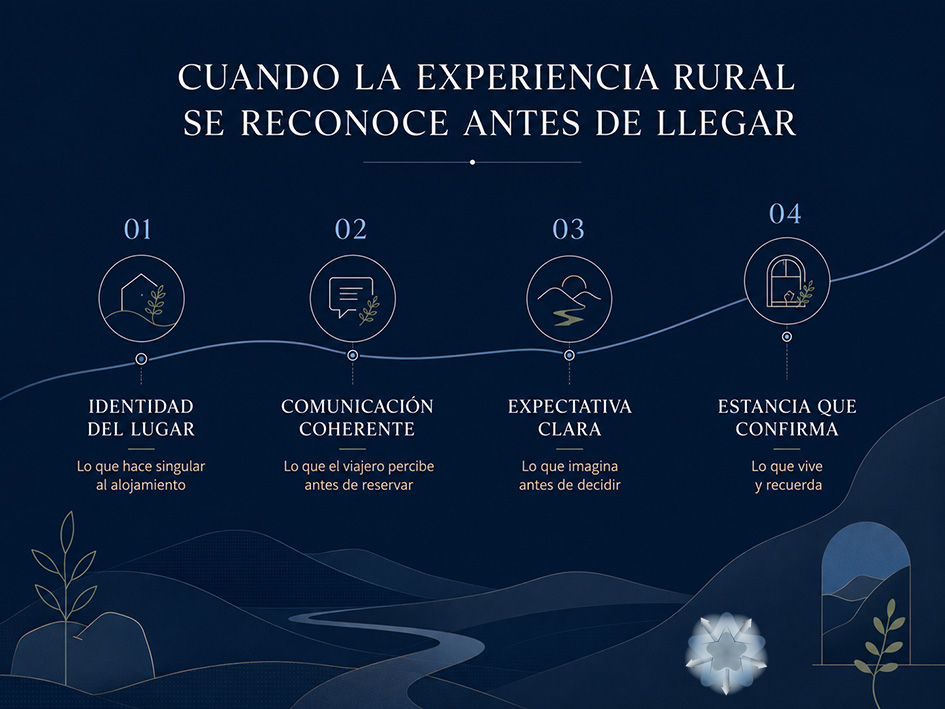 Infografía sobre la coherencia entre identidad rural, comunicación digital, expectativa del viajero y experiencia de estancia