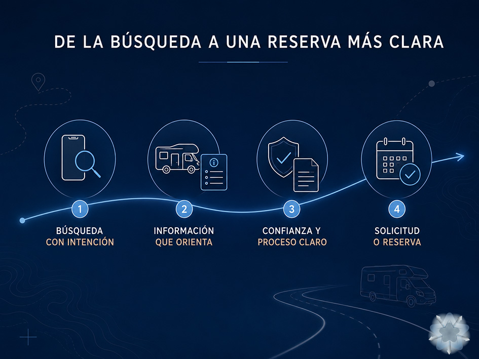 Infografía del recorrido desde la búsqueda de una autocaravana hasta una solicitud de reserva clara y confiada