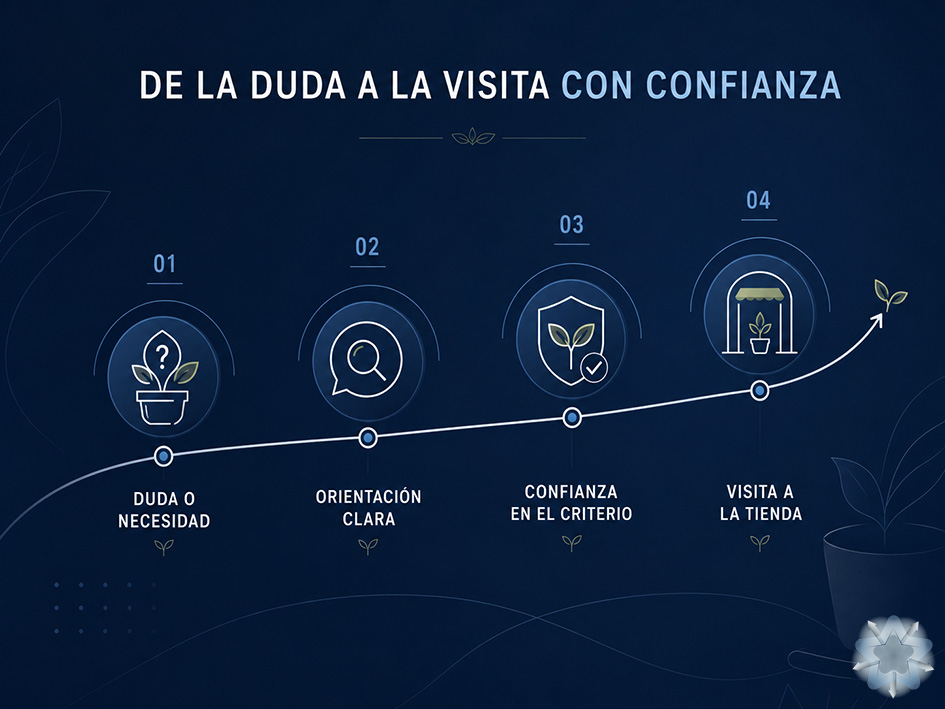 Infografía sobre el recorrido digital de un cliente de una tienda de jardinería desde la duda inicial hasta la visita con confianza