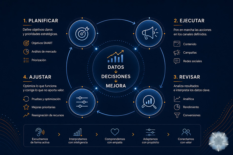 Ciclo trimestral para revisar una estrategia de marketing digital y convertir datos en decisiones