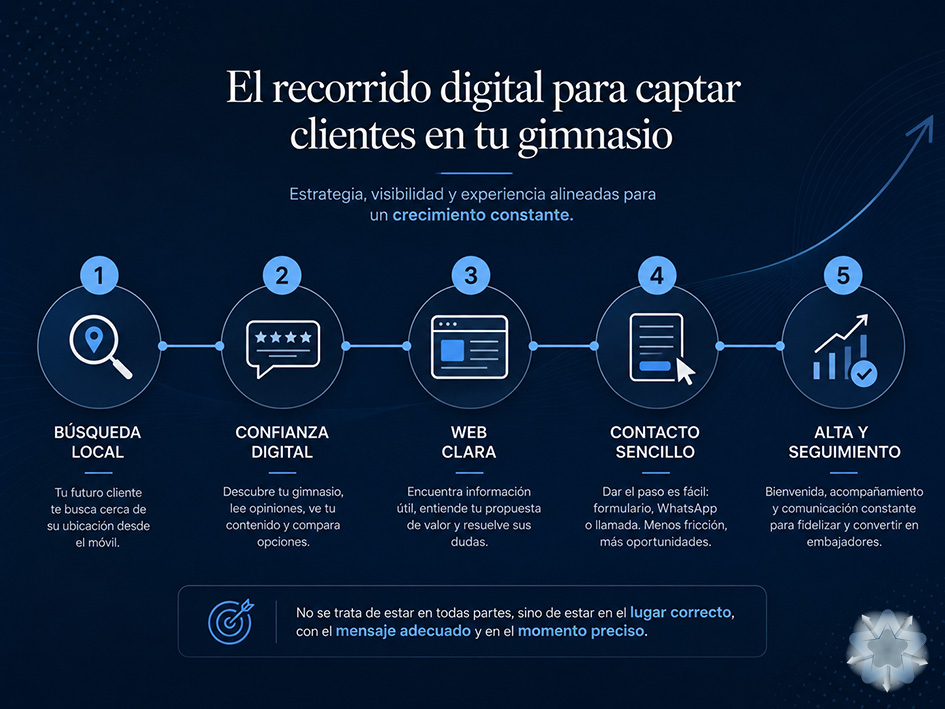 Recorrido digital de un cliente desde la búsqueda inicial hasta el alta en un gimnasio