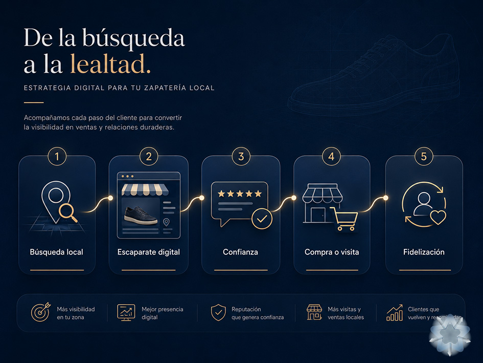 Recorrido digital de una tienda de calzado desde la búsqueda del cliente hasta la fidelización