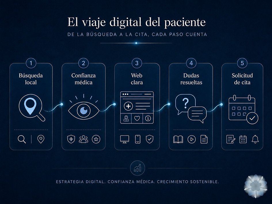 Recorrido digital de un paciente desde la búsqueda local hasta la solicitud de cita en una clínica oftalmológica