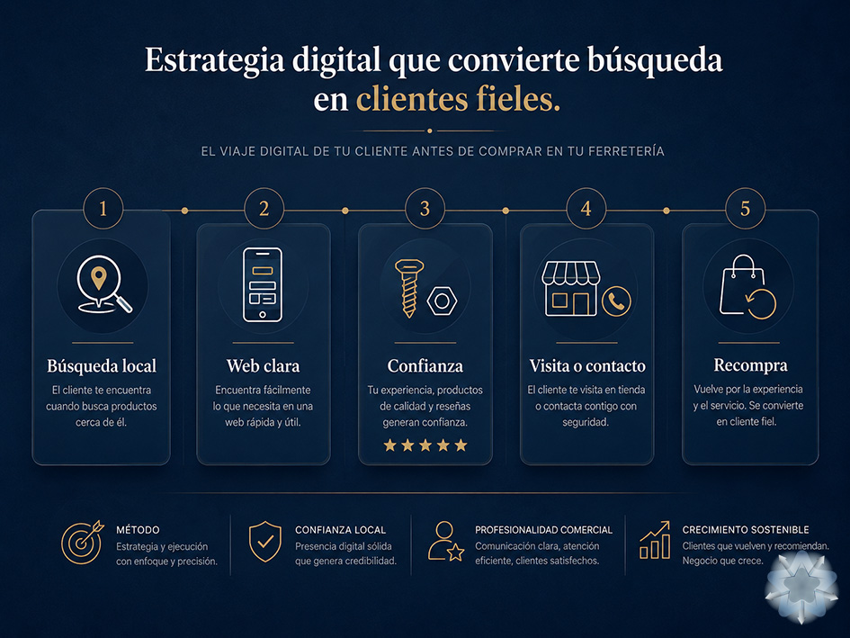 Recorrido digital de una ferretería desde la búsqueda local hasta la recompra