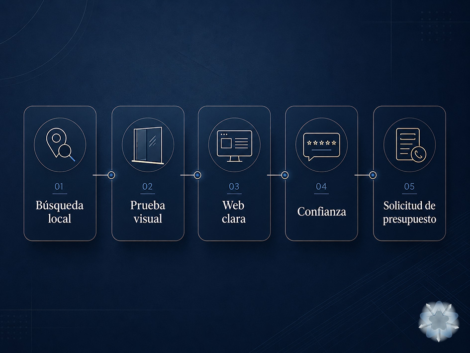 Recorrido digital de un cliente que busca una cristalería antes de solicitar presupuesto