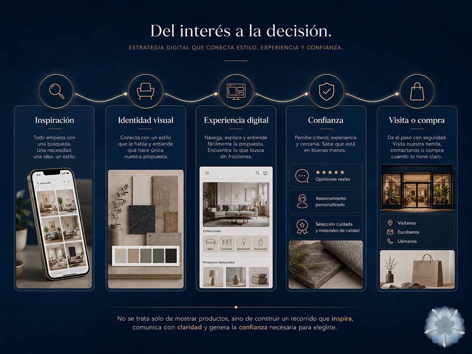 Recorrido digital de una tienda de decoración desde la inspiración inicial hasta la visita o compra