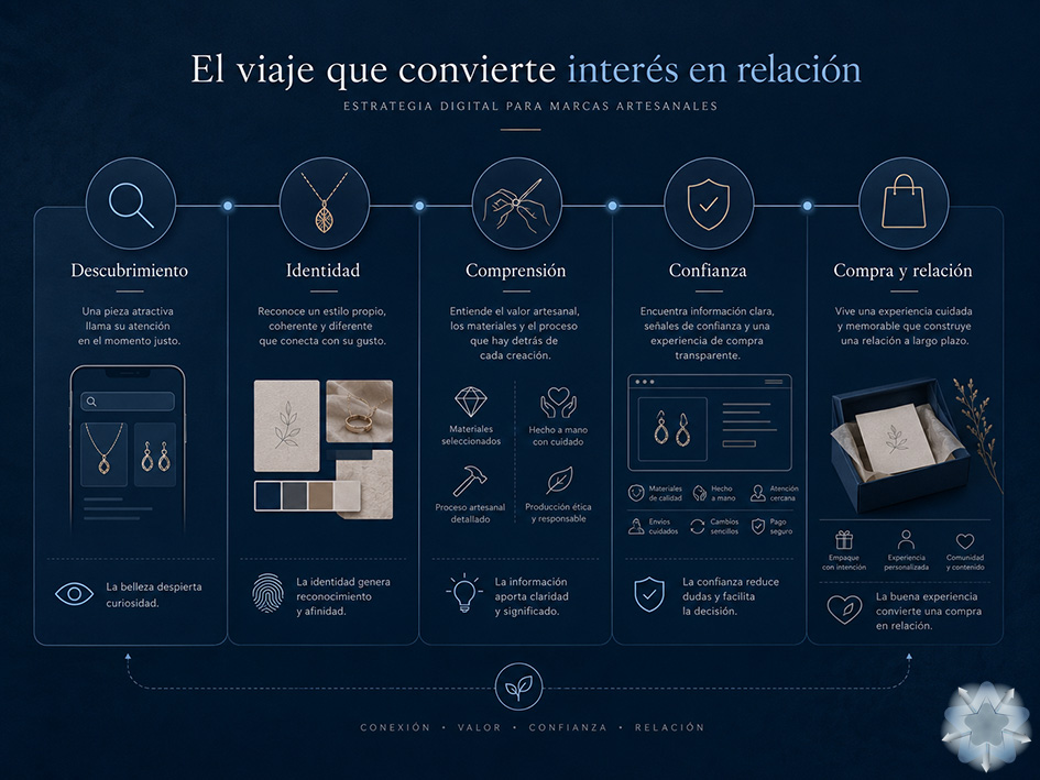 Recorrido digital de una clienta desde el descubrimiento de una marca de bisutería artesanal hasta la compra y la relación posterior