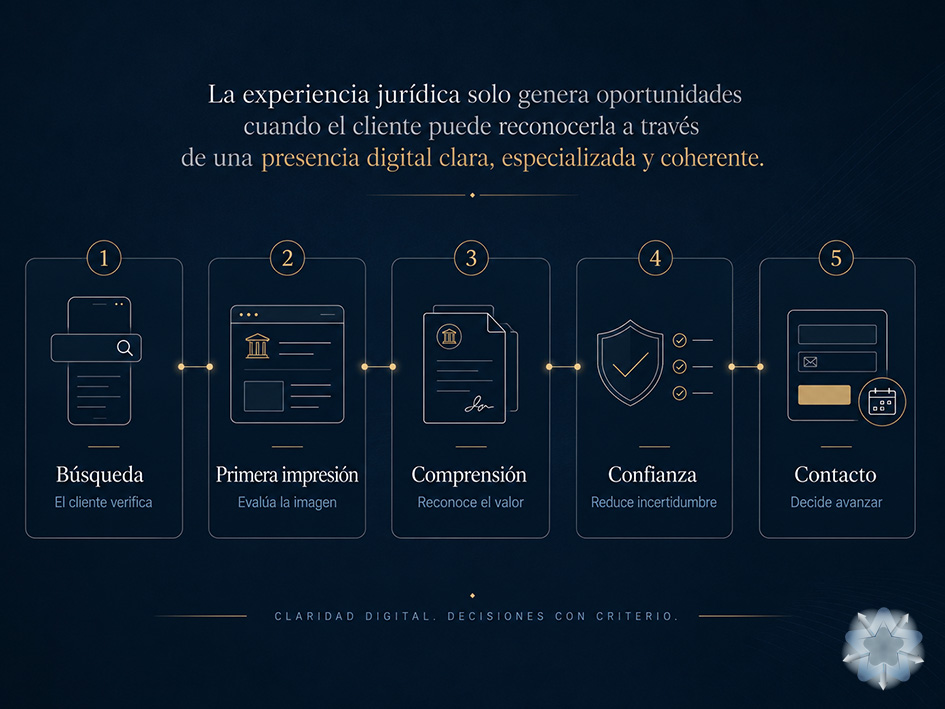 Recorrido de construcción de confianza digital en un despacho de abogacía mercantil desde la búsqueda inicial hasta el contacto