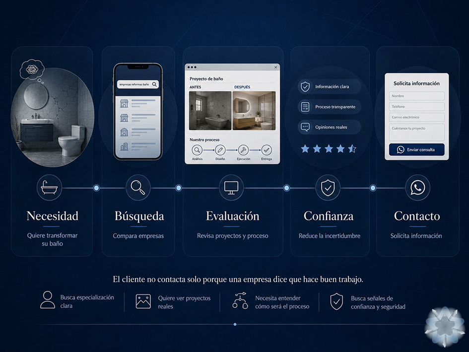 Recorrido digital de un cliente desde la necesidad de reformar el baño hasta el contacto con una empresa de reformas
