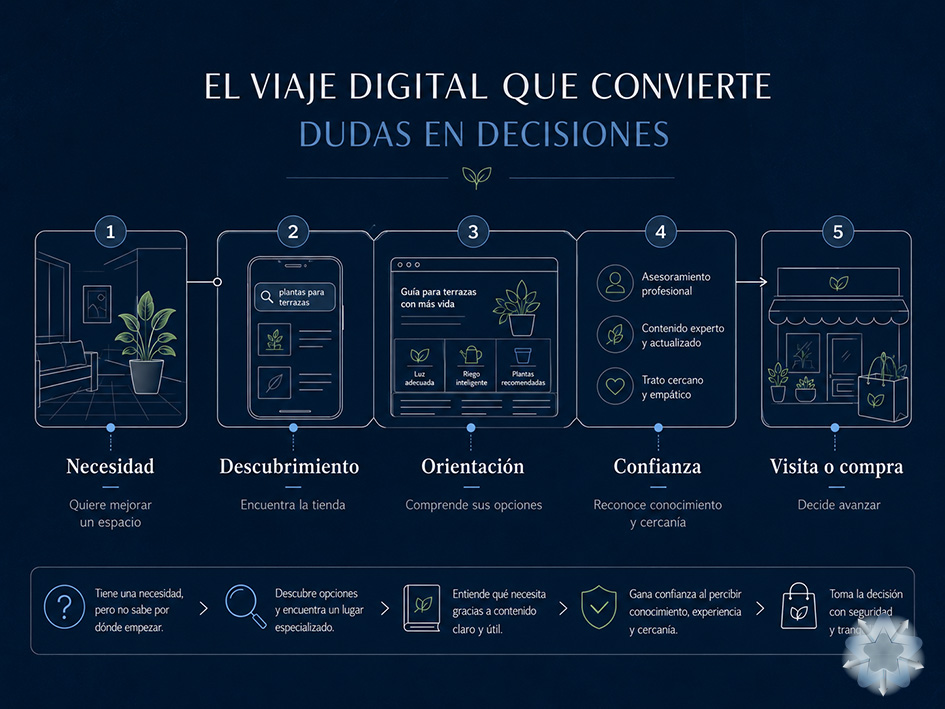 Recorrido digital de un cliente desde una necesidad de jardinería hasta la visita o compra en una tienda especializada