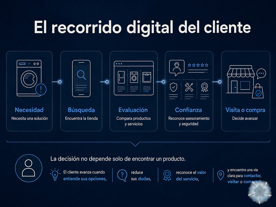 Recorrido digital del cliente de una tienda de electrodomésticos desde la necesidad inicial hasta la visita o la compra