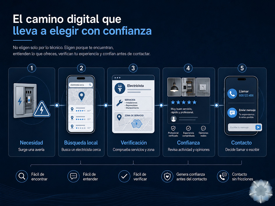 Recorrido digital de un cliente desde una avería eléctrica y la búsqueda de un electricista cerca hasta la confianza y el contacto