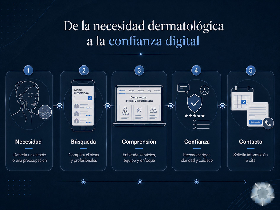 Recorrido de confianza digital de un paciente desde la necesidad dermatológica hasta la solicitud de cita