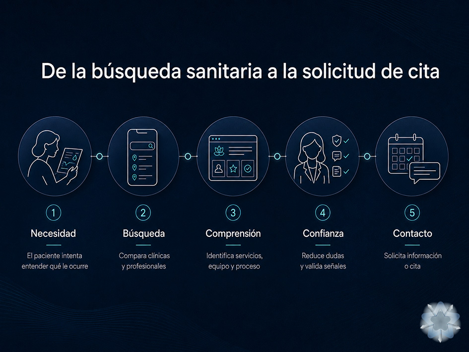 Recorrido digital del paciente desde la búsqueda de una clínica endocrina hasta la solicitud de una cita