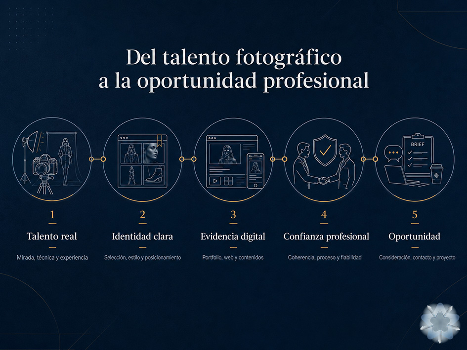 Recorrido estratégico desde el talento fotográfico hasta la generación de confianza y oportunidades para un fotógrafo de moda