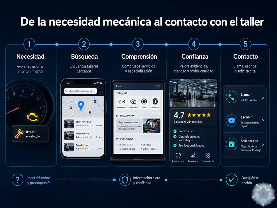 Recorrido digital de un cliente desde la necesidad mecánica hasta el contacto con un taller de confianza
