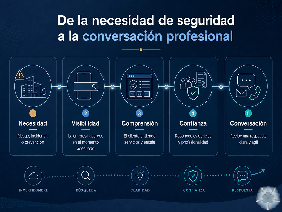 Recorrido digital de un cliente desde una necesidad de seguridad hasta la conversación con una empresa especializada