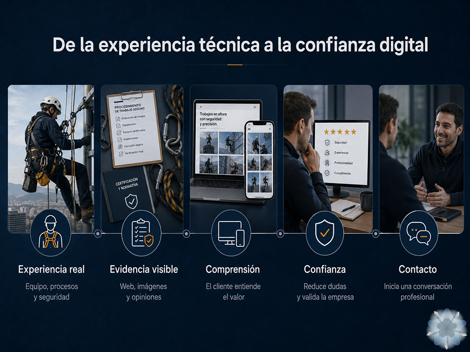 Infografía del recorrido desde la experiencia técnica en trabajos en altura hasta la confianza y el contacto comercial