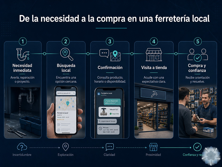 Recorrido del cliente desde una necesidad de reparación hasta la compra y la confianza en una ferretería local