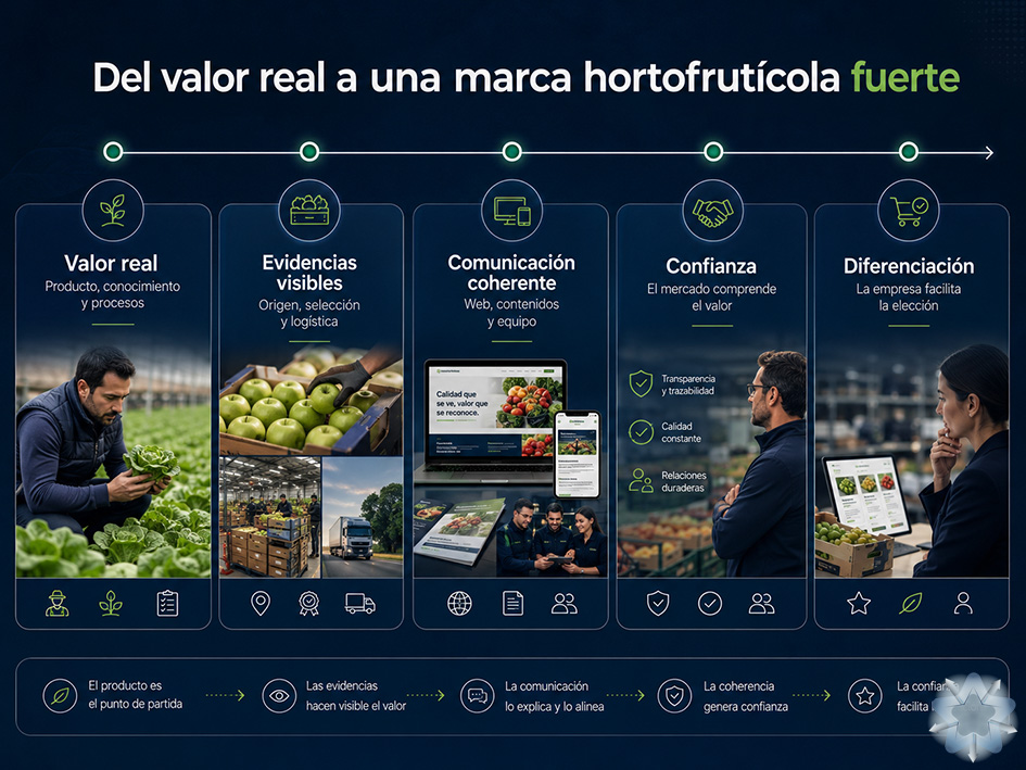 Infografía sobre el proceso para transformar el valor real de una empresa hortofrutícola en una marca reconocible y confiable