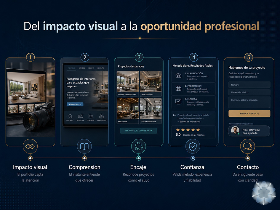 Infografía del recorrido desde el impacto visual del portfolio hasta el contacto con un fotógrafo de interiores