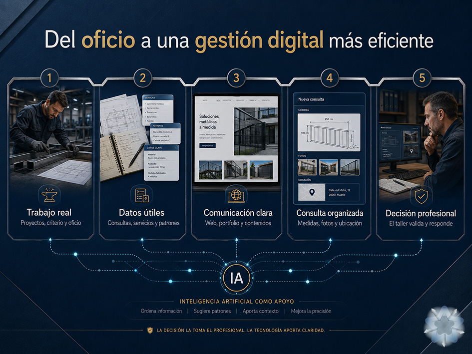 Proceso mediante el cual la inteligencia artificial transforma el conocimiento de un taller de carpintería metálica en comunicación clara, consultas organizadas y decisiones profesionales