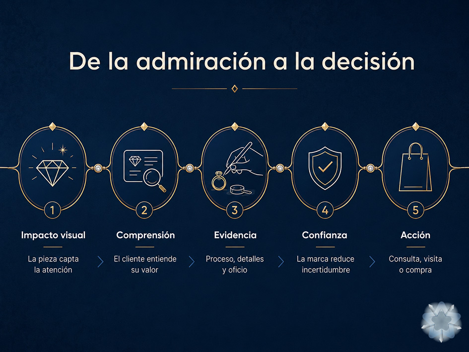 Infografía del recorrido digital que convierte la admiración por una joya en confianza, intención de compra y contacto comercial
