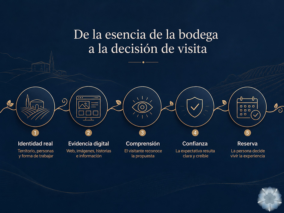 Recorrido digital desde la identidad real de una bodega hasta la reserva de una experiencia enoturística