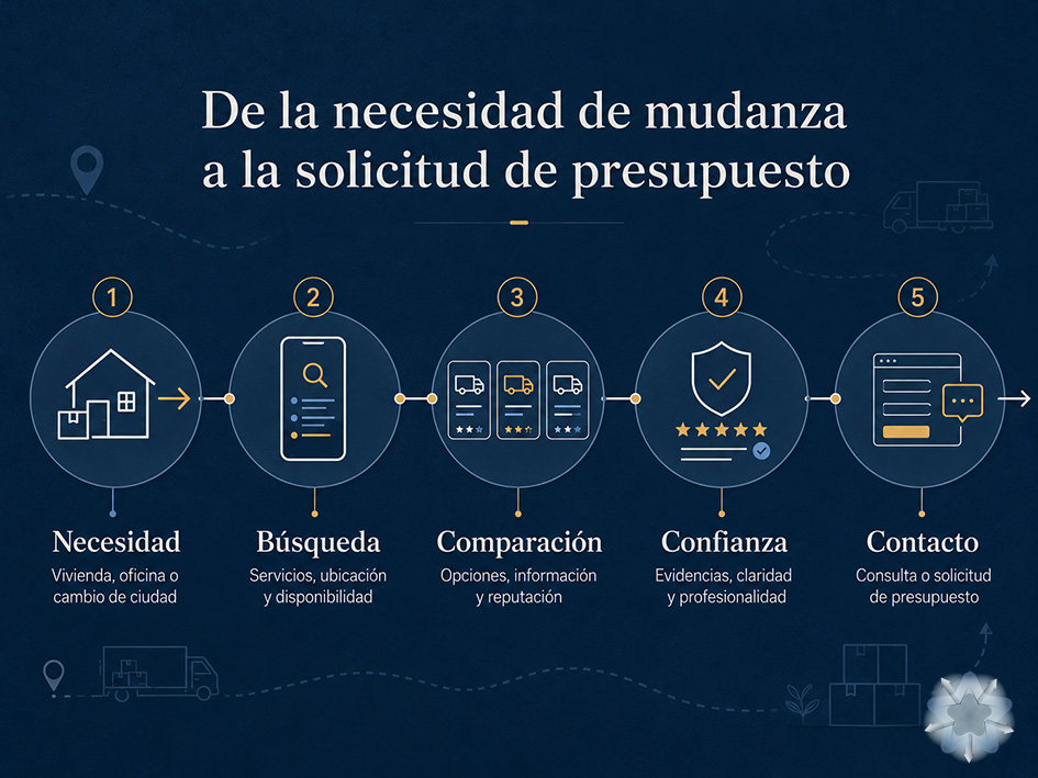 Recorrido digital de un cliente de mudanzas desde la necesidad inicial hasta la solicitud de presupuesto