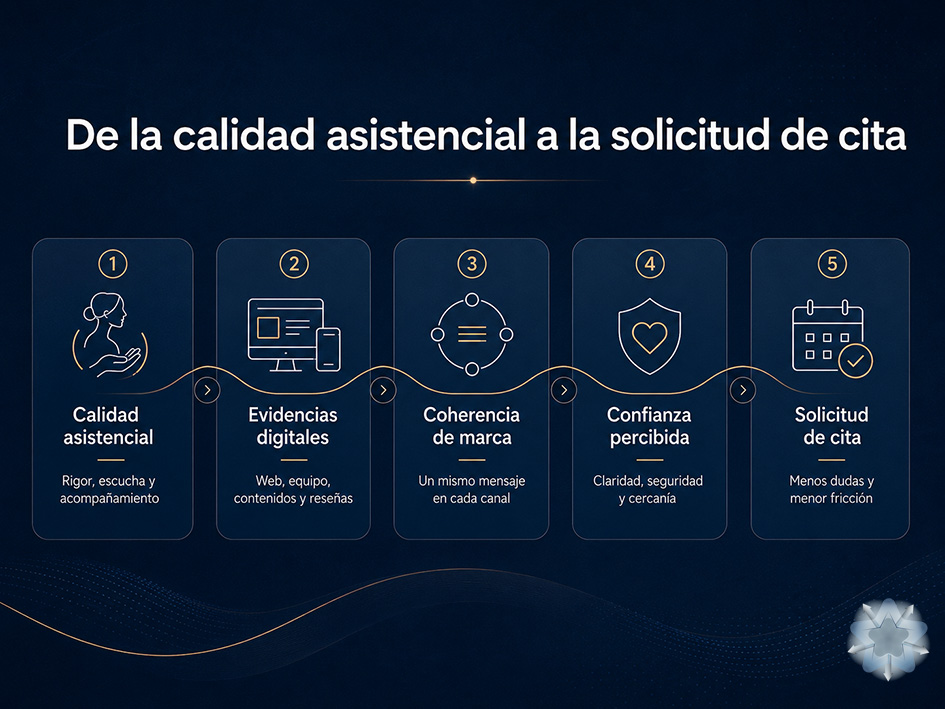Proceso por el que la calidad asistencial de una clínica ginecológica se convierte en evidencias digitales, coherencia de marca, confianza y solicitud de cita