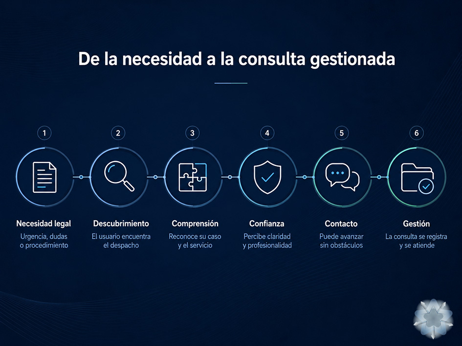 Recorrido digital de una persona desde la necesidad de asesoramiento en extranjería hasta la gestión de su consulta por el despacho