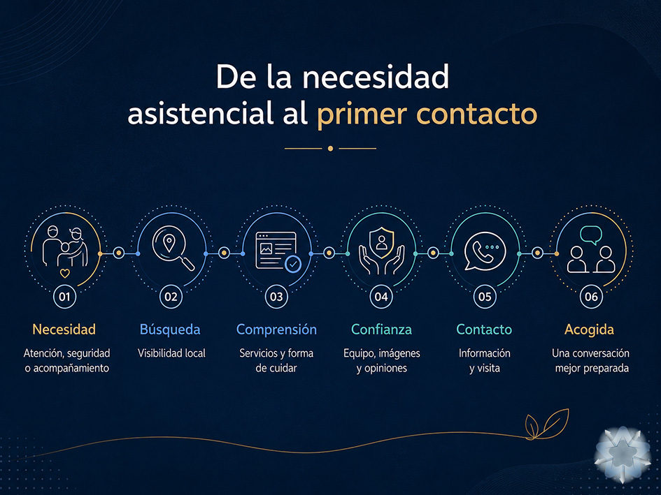 Recorrido digital de una familia desde la necesidad de atención gerontológica hasta la solicitud de información a una clínica
